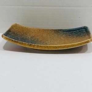 Aoi Nagashi Blue Tan Glazed Rectangular Plate Trinket Dish 7.25 x 4.75 Signed